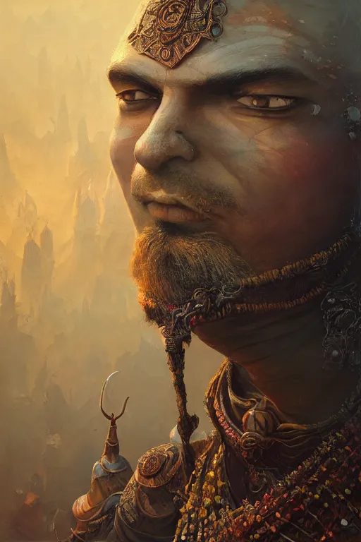 Image similar to gediminas pranckevicius hindu warrior, close - up portrait, fierce, intricate, elegant, volumetric lighting, scenery, digital painting, highly detailed, artstation, sharp focus, illustration, concept art, ruan jia, steve mccurry