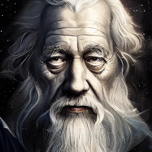 Prompt: Double Exposure Portrait of a Gandalf in space, dark fantasy, intricate, elegant, highly detailed, digital painting, artstation, concept art, smooth, sharp focus, illustration, art by Sam Youn, Fernanda Suarez, Artem Demura