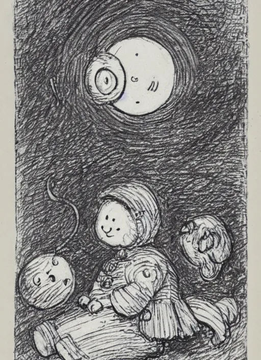 Prompt: candid portrait of a moon with a face, illustrated by peggy fortnum and beatrix potter and sir john tenniel