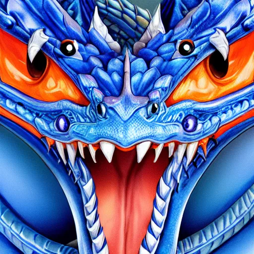 Prompt: highly detailed portrait of a blue dragon with a white lower jaw and orange eyes