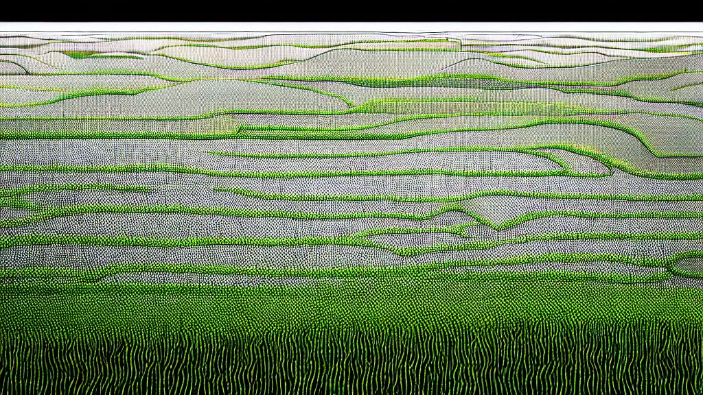 Image similar to dramatic landscape of rice fields of toyama, japan, a collage painting, in the style of wes anderson, lola dupre, david hockney, isolated on negative white space background dark monochrome neon fluorescent spraypaint accents volumetric octane render