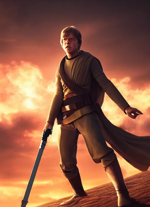 Prompt: portrait of young mark hamill as luke skywalker in a heroic action pose against a tatooine sunset, close up, dramatic lighting, octane render, digital art