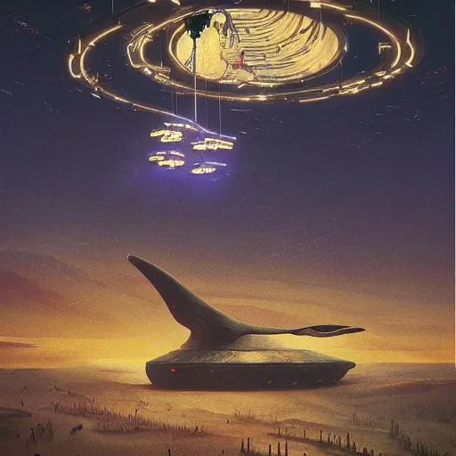 Image similar to scene from prometheus movie, simon stalenhag artlilery spaceship lands in country tavern, filigree ornaments, volumetric lights, syd mead, beksinski