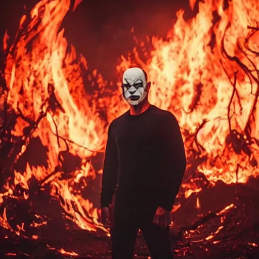 Prompt: Joe Rogan wearing glasses and white and red makeup like The Joker, standing in hell surrounded by fire and flames and bones and brimstone, brilliant colors, color photo, portrait photography, volumetric fog and light, depth of field, bokeh