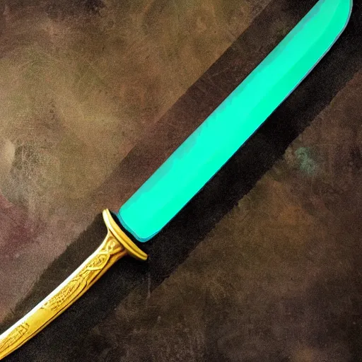 Image similar to photograph of a large green and teal crystal sword with a gold sword hilt