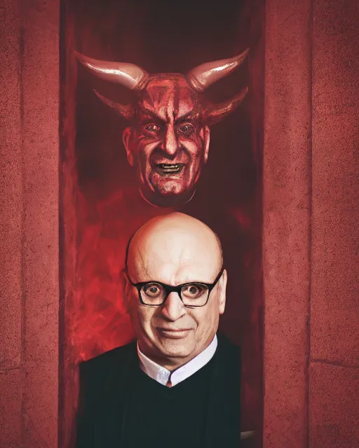 Image similar to avram glazer as the devil reincarnate, owner of manchester united football club, portrait, pure evil, devils horns, avram glazer, satan, hell, 8 k, 8 5 mm lens, photo realistic, symmetrical face, cinematic lighting