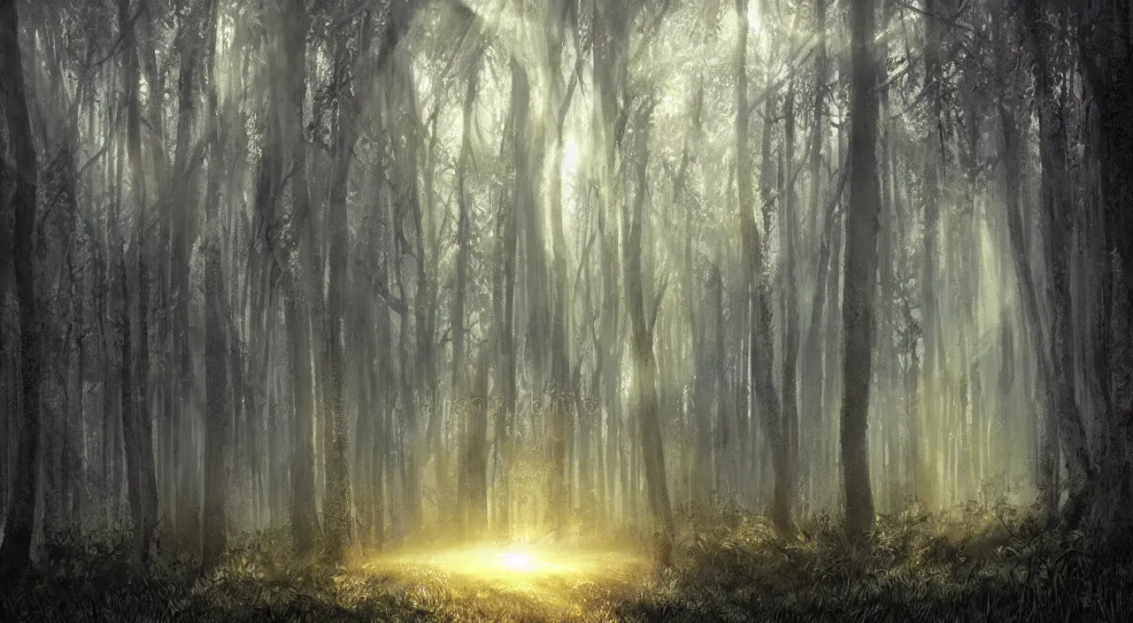 Prompt: forest mist sun beams mysterious scary deep dark hyper realistic detailed graphic novel illustration