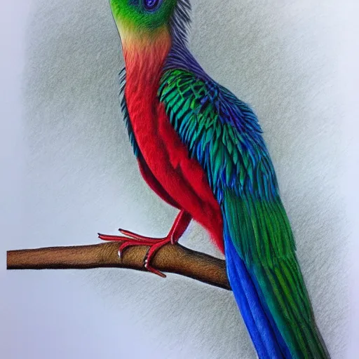 Prompt: a color pencil drawing of a quetzal by natalia rojas and ana maria martinez jaramillo, wingspan artwork, realistic graphite, highly detailed, artstation, realism, photorealism, fine art, white background