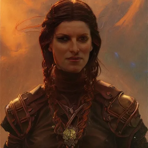 Prompt: portrait of a female hellrider with olive skin and brown hair tied back in a braid. fantasy concept art. moody epic painting by james gurney, greg rutkowski, charlie bowater, giger, maxim verehin and alphonso mucha. artstationhq. painting with vivid color. ( dragon age, witcher 3, lotr )