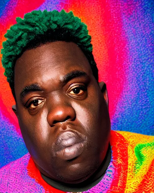 Image similar to headshot of the notorious big, wearing a colorful coogi sweater, and black jeans, photoshoot in the style of annie leibovitz, studio lighting, soft focus, bokeh
