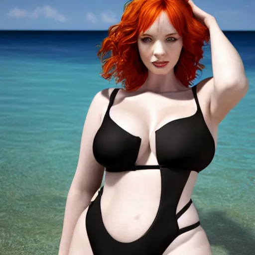Image similar to 3 d render of christina hendricks in black swimsuit, smooth, intricate, octane, reflects, ultra detailed, sharp focus, symmetry