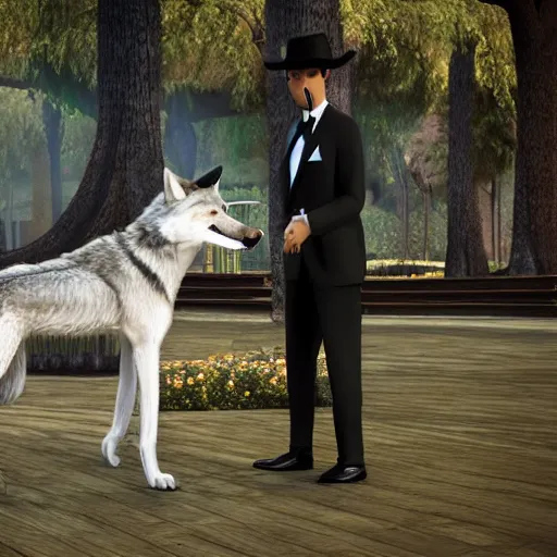 Image similar to a wolf as a gentleman wearing tuxedo on the pixar biome, smooth, intricate reflections, cinematic