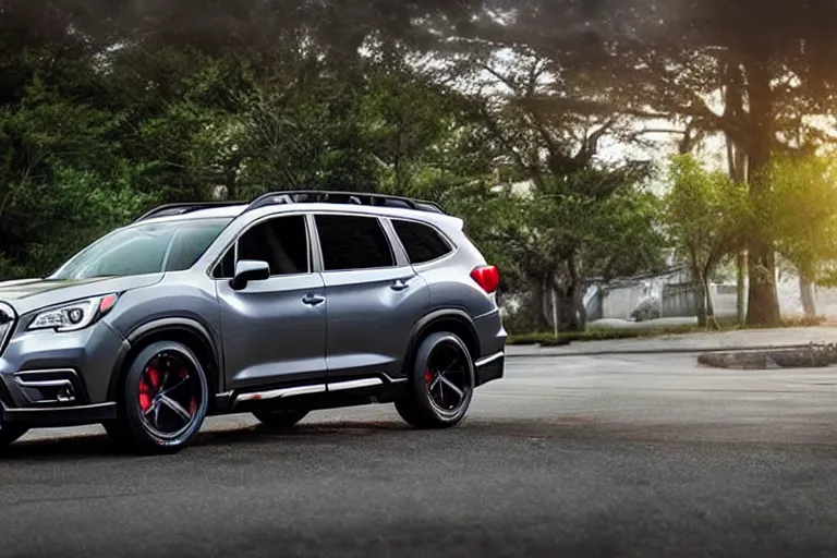 Image similar to a car and driver magazine photo shot, a souped up dark grey 2019 Subaru ascent heavily modified and customized as a performance tune street racing SUV, black rims, green trim accent, samurai vinyl wrap, cinematic lighting, art station, volumetric light, low angle camera, redshift render, octane render, art station