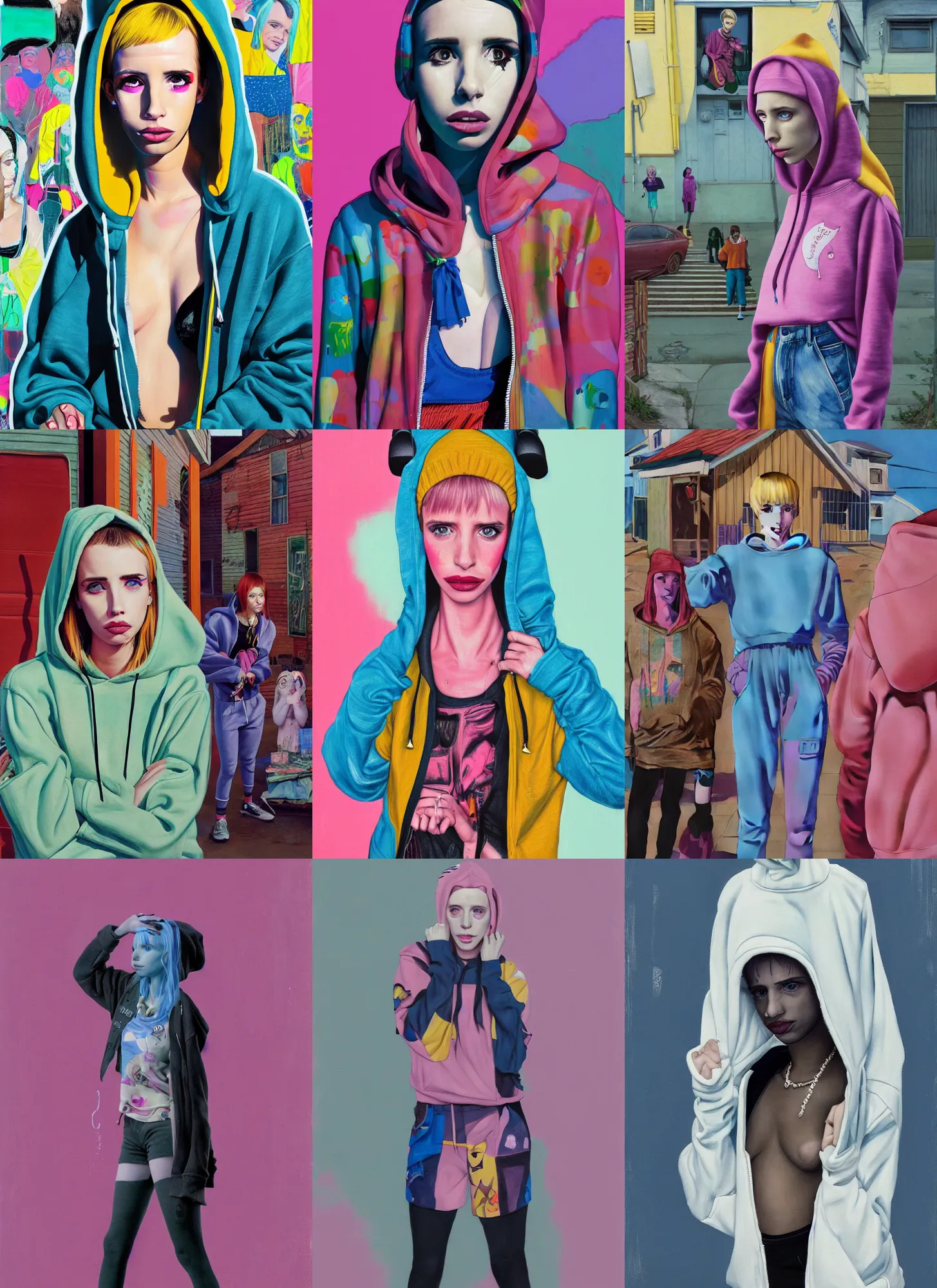 Prompt: still from music video of emma roberts from die antwoord standing in a township street, wearing a hoodie, street clothes, full figure portrait painting by martine johanna, ilya kuvshinov, njideka akunyili crosby, pastel color palette, 3 5 mm lens