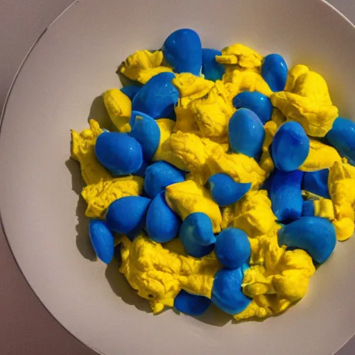 Prompt: Contemporary art piece of scrambled eggs exhibited in a museum