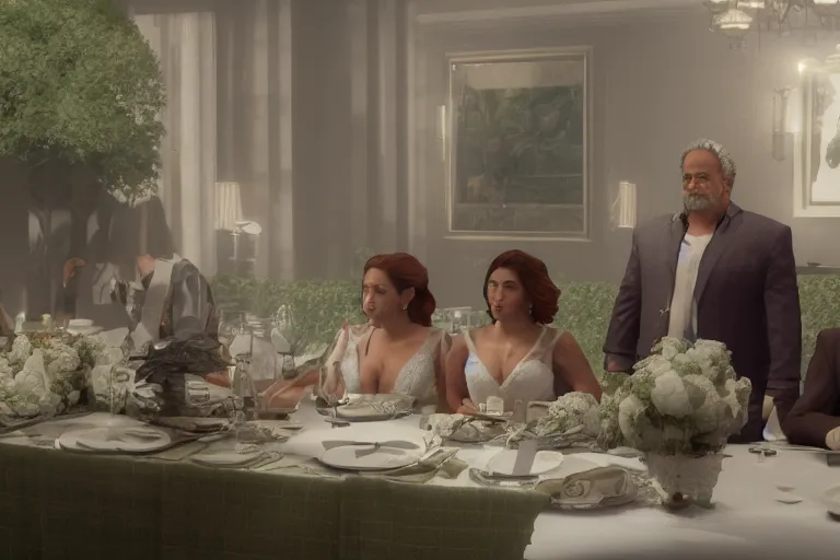 Image similar to a still from My Big Fat Greek wedding, wedding, wedding, with Fox McCloud and Fox McCloud and godzilla, octane render, nvidia raytracing demo, masterpiece