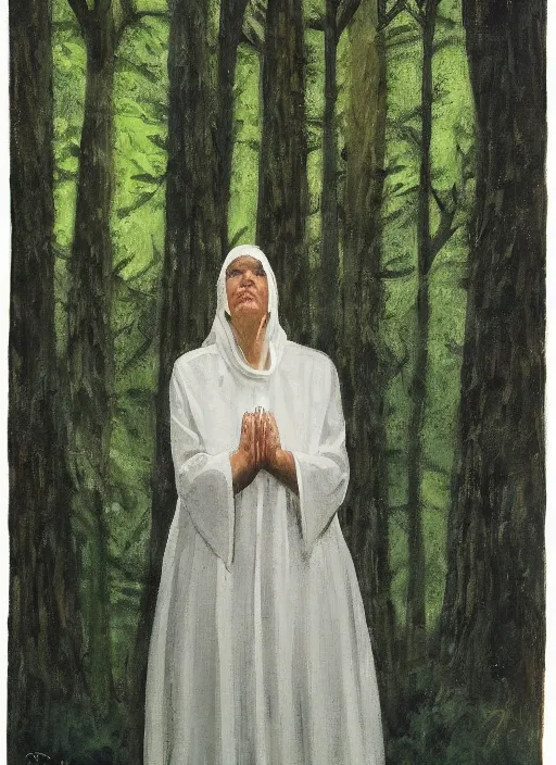 Prompt: single woman praying at a forest alter Frank Frazzetta