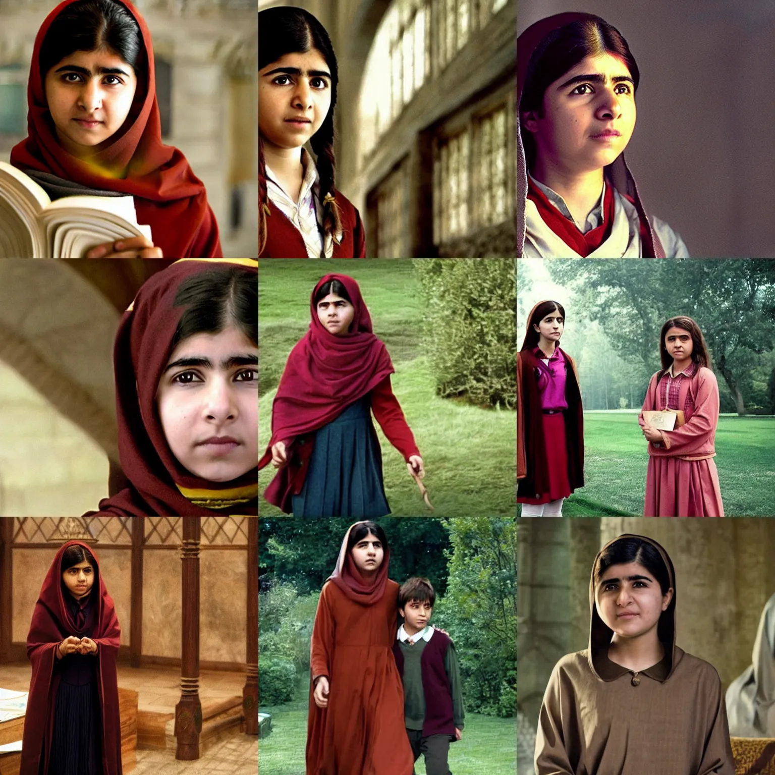 Prompt: Malala Yousafzai as Hermione Granger, wearing Hogwarts uniform, film still from Harry Potter and the Deathly Hallows