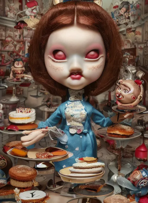 Image similar to closeup portrait of tin toy spring - heeled jack eating cakes, depth of field, zeiss lens, detailed, symmetrical, centered, fashion photoshoot, by nicoletta ceccoli, mark ryden, lostfish, earl nore, hyung tae, frank frazetta, breathtaking, 8 k resolution, extremely detailed, beautiful, establishing shot, artistic, hyperrealistic, octane render