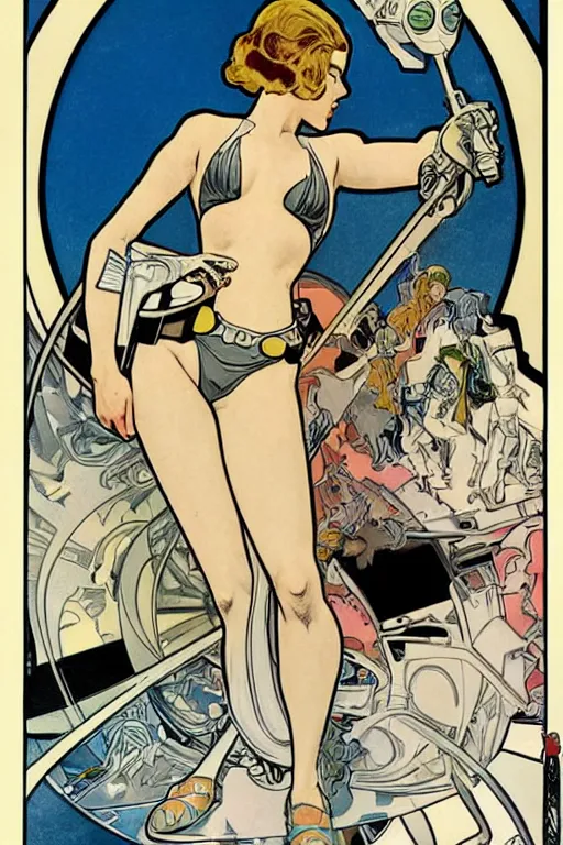 Prompt: female in white bikini with tattoos and stormtrooper helmet, well composed, clean elegant painting, beautiful detailed face. comic book art by steve ditko and jack kirby and ( alphonse mucha )