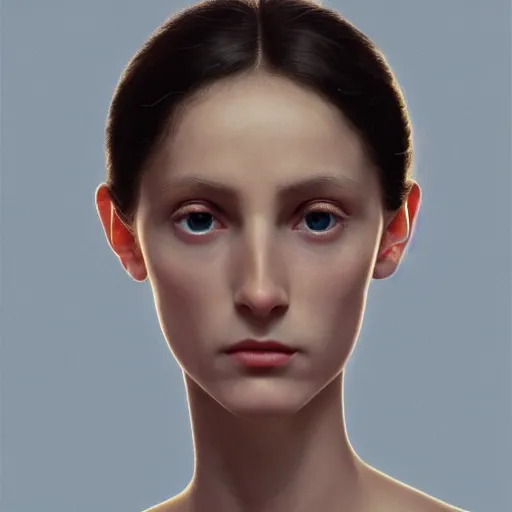 Image similar to A young beautiful female alien face with a very long neck, big eyes, very thin nose, big lips, hair made of wire cables:: alien is from the future, Realistic, Refined, Detailed Digital Art, Oil Painting, William-Adolphe Bouguereau, Pre-Raphaelite,Renaissance, Highly Detailed, Cinematic Lighting, Unreal Engine, 8K