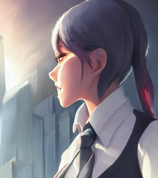 Prompt: a girl in a business, close up, sharp focus, red necktie, grey hair, city background, digital painting, by tran ross and jordan grimmer and greg rutkowski, anime art, artstation, hd, smooth,