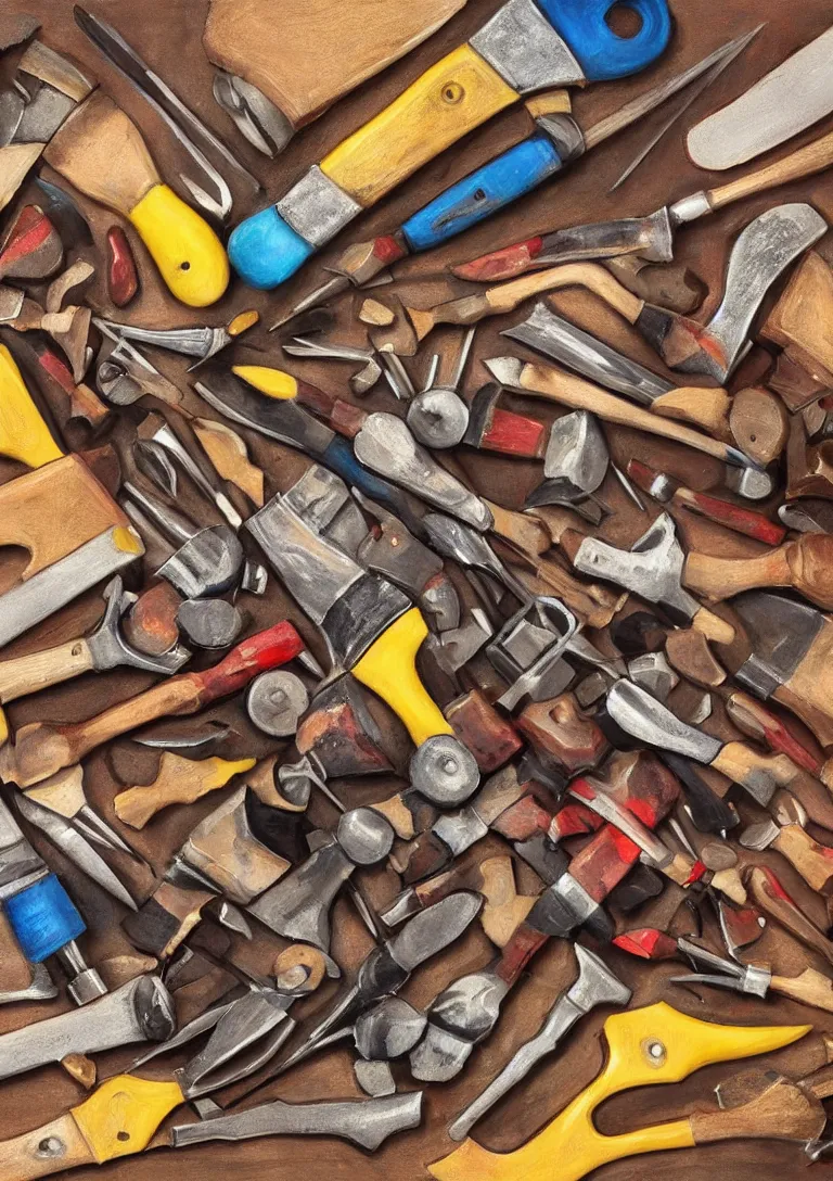 Prompt: a beautiful painting of a toolkit filled with broken hammers, photorealistic, stylized