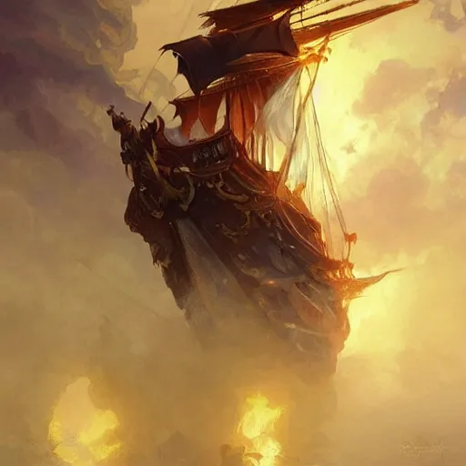 Image similar to !! pirate ship on fire!! d & d fantasy intricate elegant highly detailed digital painting artstation concept art matte sharp focus illustration hearthstone art by artgerm art by greg rutkowski art by alphonse mucha