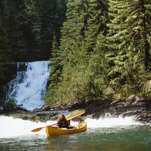 Image similar to a sasquatch in a canoe going over a waterfall