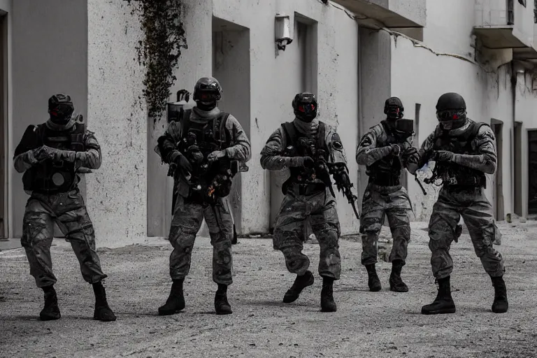 Image similar to Mercenary Special Forces soldiers in grey uniforms with black armored vest and black helmets fighting inside a mansion in 2022, Canon EOS R3, f/1.4, ISO 200, 1/160s, 8K, RAW, unedited, symmetrical balance, in-frame, combat photography