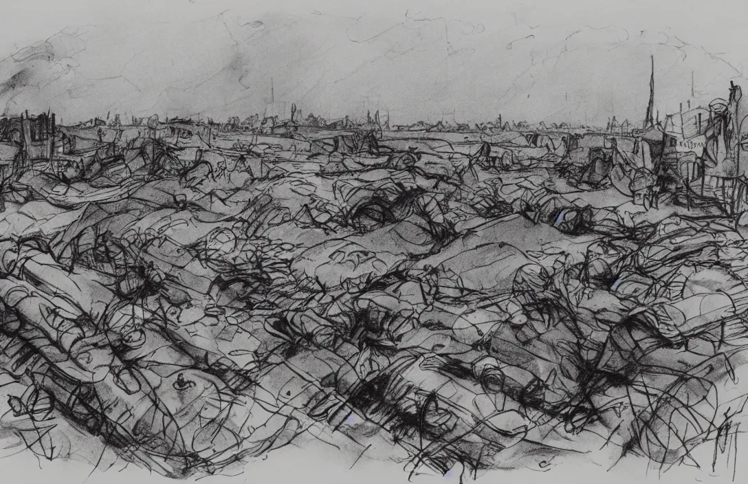 Image similar to milt kahl sketch of world war 1 trenches with the city of miami in the background