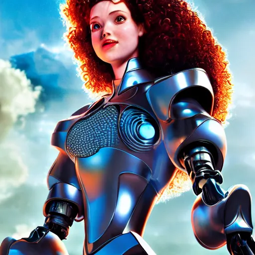 Image similar to high detailed close up of, energetic female cyborg Disney princess Merida, wearing futuristic cybernetic battle armor, balance composition, dramatic lighting, 8k, painted by Alex Ross