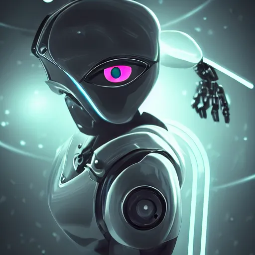 Image similar to futuristic robot with neon eyes, hyperrealistic, cinematic, sleek, epic fantasy background