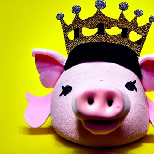 Prompt: happy puppet pig king wearing a crown chilling out