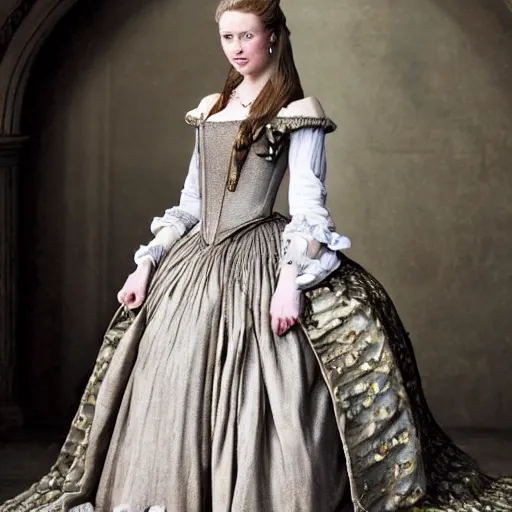 Image similar to attractive scandinavian duchess wearing an 1 7 th century french off - the - shoulder neckline dress, wow 4 k detail fantasy, matte painting, realistic materials, photo realistic, postprocessing, cinematic, hyperrealistic, studio lighting, ekaterina, the tudors, photography by richard jenkins