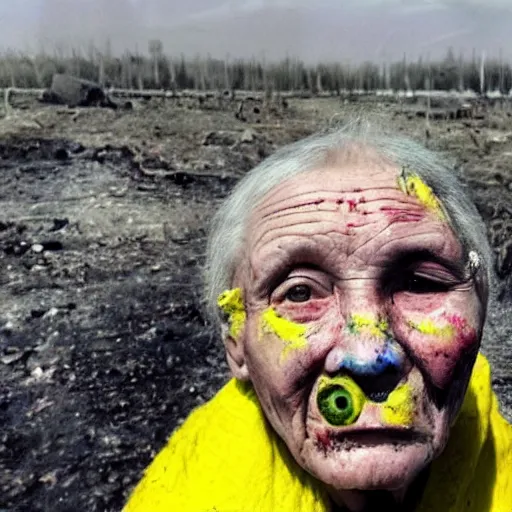 Image similar to selfie of the last surviving ukrainian with children with evil faces, wild pain and damage to the body burns alive to the bone, painted in dirty yellow - blue colors, a huge nuclear explosion is approaching in the background, a very detailed photo