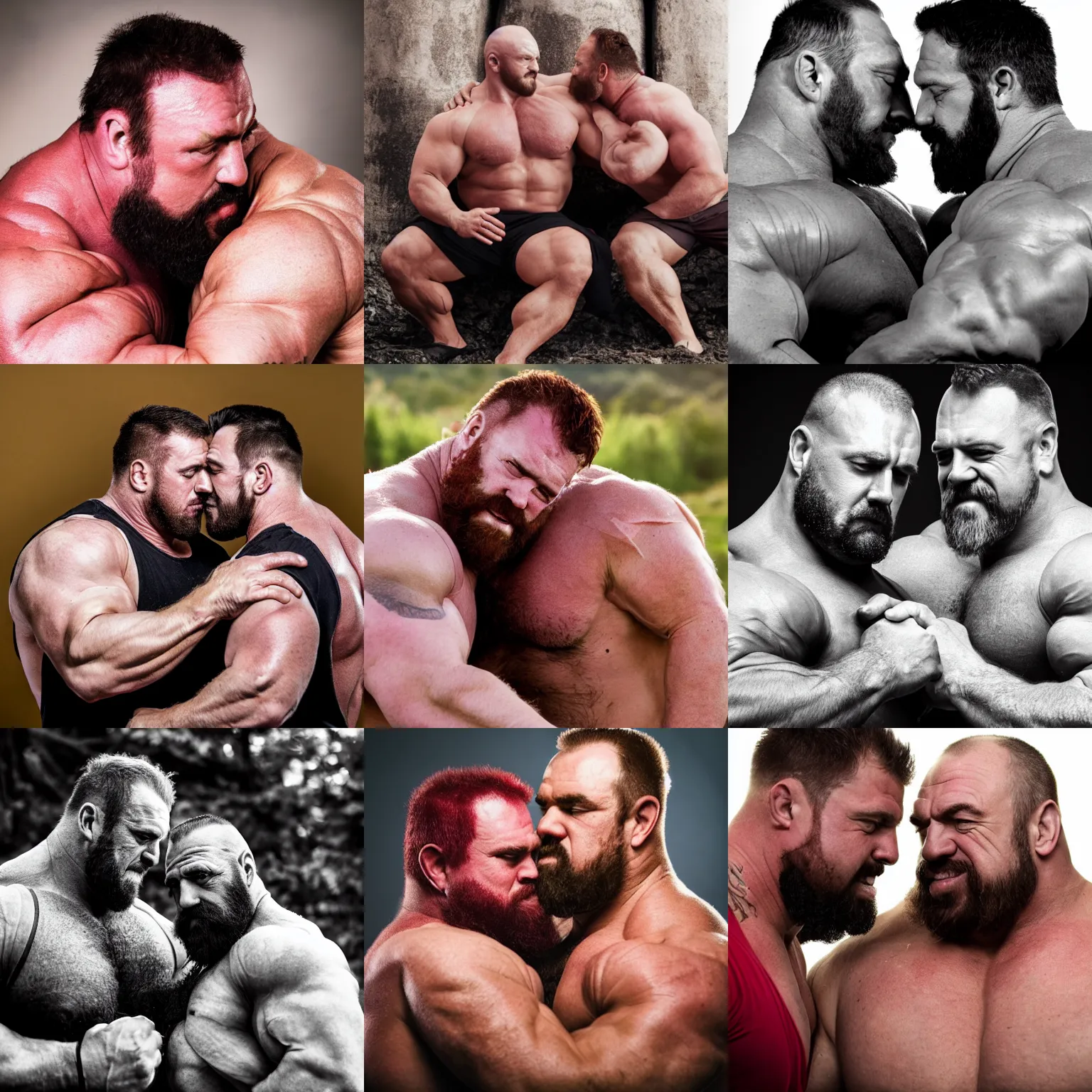 Prompt: photography of two burly muscular strongmen with dark red hair kissing