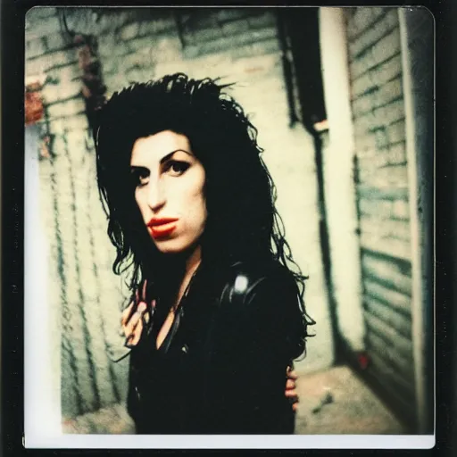 Prompt: polaroid of amy winehouse on a rainy night in the east village at night, raining!