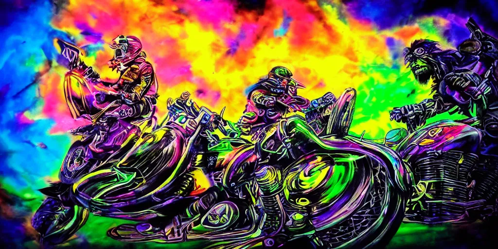 Image similar to psychedelic colorful blacklight airbrush artwork, motorcycles, stylized action shot of orc bikers riding motorcycles, menacing orcs, drifting, skidding, wheelie, clear focused details, soft airbrushed artwork, black background, cgsociety, artstation