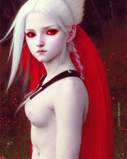 Image similar to portrait of beautiful cute young goth maiden girl with white hair in warhammer armor, red lighting, art by ( ( ( kuvshinov ilya ) ) ) and wayne barlowe and gustav klimt and artgerm and wlop and william - adolphe bouguereau