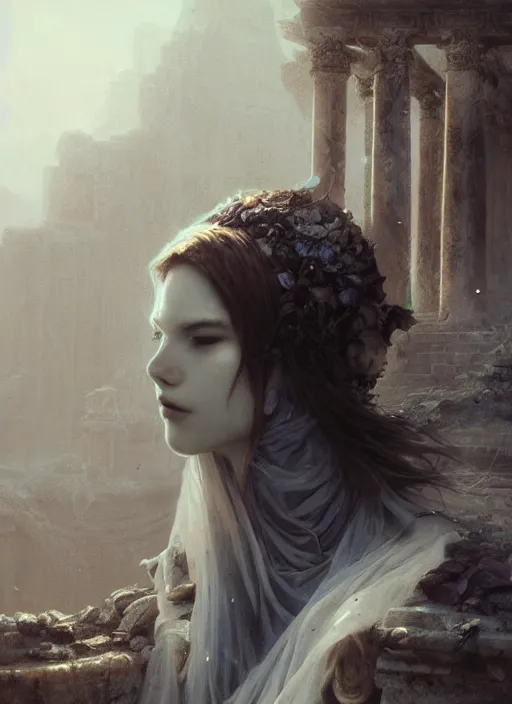 Prompt: close up of a veiled half scull mask girl on the ruins temple, smog on the floor, extremely beautiful and aesthetic and attractive detailed face and body, chiaroscuro, dynamic pose, fantasy illustrations, by makoto shinkai and jeremy lipking and ferdinand knab