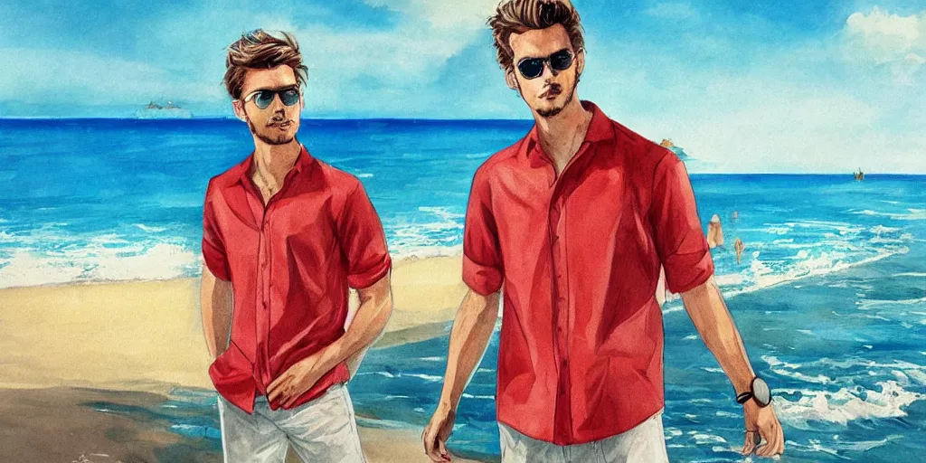 Image similar to a handsome guy is standing tall, in a beautiful shirt, with the beach, sea, sun, rays in the background? super detail, one character