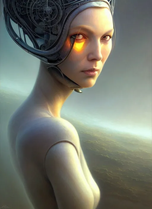 Image similar to closeup portrait shot of a female android in a scenic dystopian environment, intricate, elegant, highly detailed, centered, digital painting, artstation, concept art, smooth, sharp focus, illustration, artgerm, tomasz alen kopera, peter mohrbacher, donato giancola, joseph christian leyendecker, wlop, boris vallejo