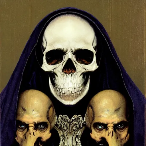 Image similar to portrait of a man in a long flowing hooded cloak and a skull mask, by Gerald Brom and Norman Rockwell