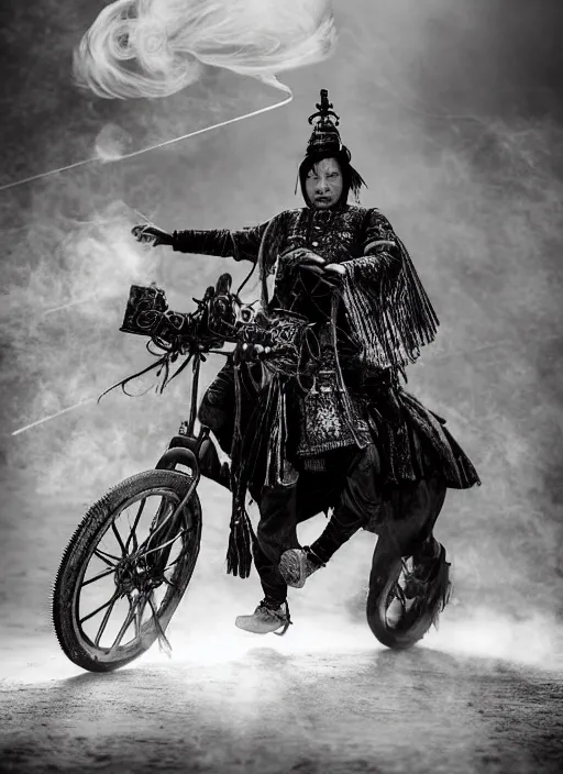 Prompt: old vintage photo of Chinese ancient warrior on the steam punk one wheels, extreme sports photography , dynamic photography, high speed,dirt and grawel flying in the spot, lens flares, dust in the air, moody lighting, intricate, elegant, highly detailed, centered, smooth, sharp focus, sports photography, old photo, black and white, sepia, cinematic lighting, cinematic angle, national geographic