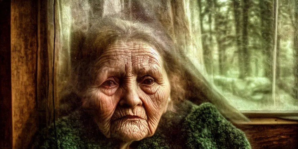 Image similar to portrait bust of old woman, solemn expression, faded color film, russian cinema, tarkovsky, kodachrome, inside old cabin, next to window, heavy forest outside, long brown hair, old clothing, heavy fog, green brown color palette, hudson river school, 4 k, dramatic lighting, greg rutkowski