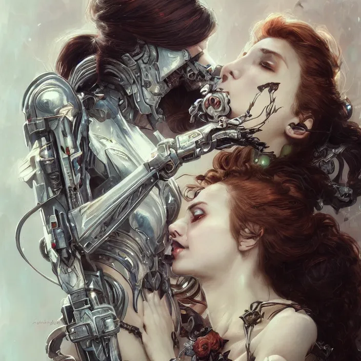 Prompt: portrait of two beautiful pale gothic cyborg maidens kissing, warhammer 40000, cyberpunk, intricate, elegant, highly detailed, digital painting, artstation, concept art, smooth, sharp focus, illustration, art by artgerm and greg rutkowski and alphonse mucha