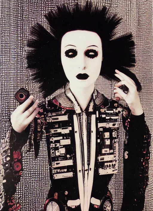 Image similar to Portrait of a punk goth fashion fractal cosmonaut girl with a television head wearing kimono made of circuits and leds, surreal photography by Man Ray