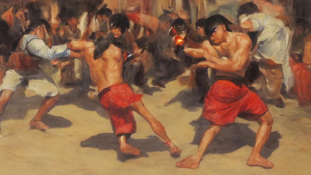 Image similar to asian person fighting a turkish person, cinematic, 4 k, oil painting