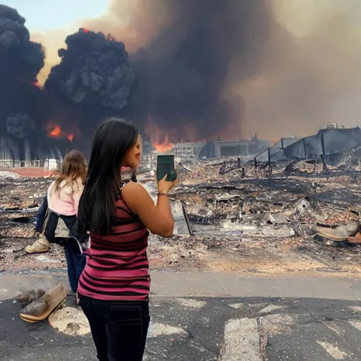 Image similar to girl taking selfie while bombs fall city burns in background